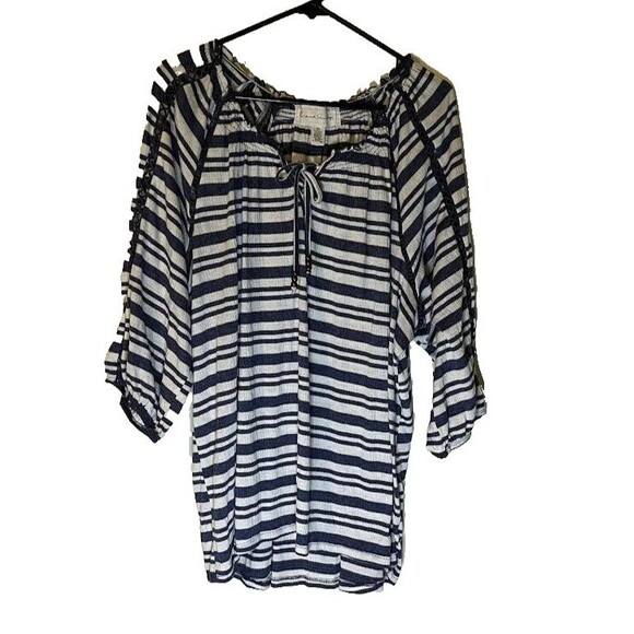 French Laundry Boho White/Blue Stripe 3/4 Sleeve Beaded Tie Peasant Blouse SZ 3X - Picture 1 of 5